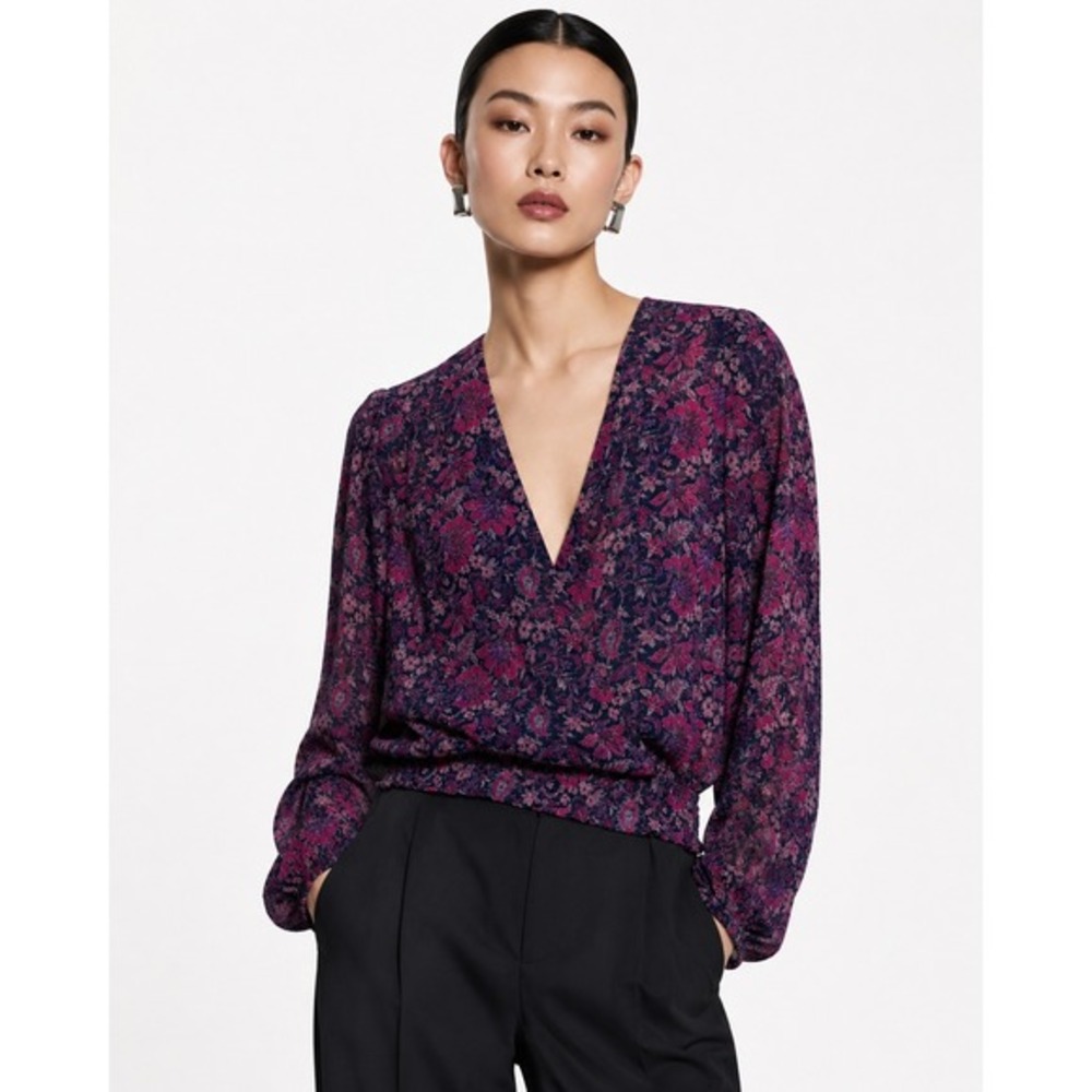 Nine Britton Inez Chiffon Smocked Bottomβ Blouse Navy Floral Wrap Top Large NEW